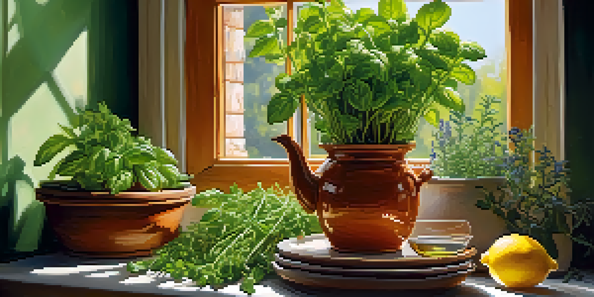A bright kitchen with fresh herbs growing in pots on a wooden table, a steaming cup of herbal tea with honey and lemon beside it.