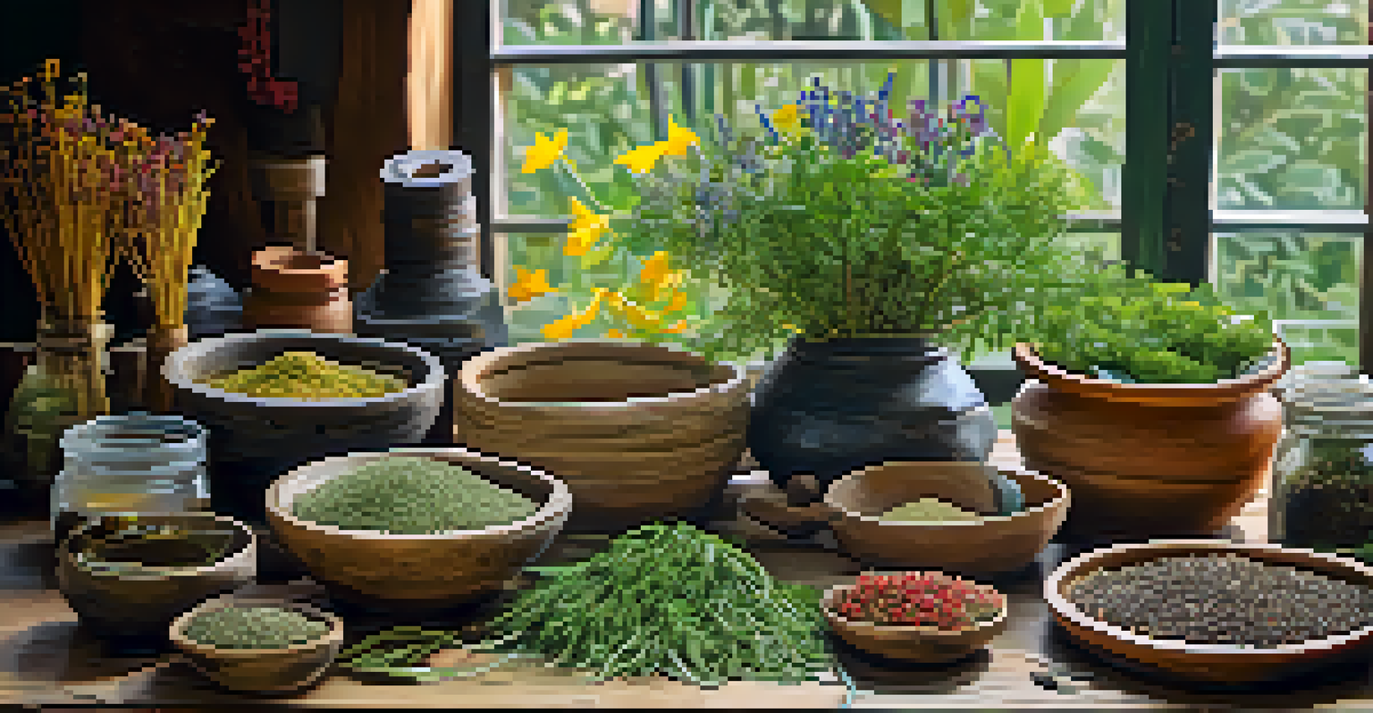 A close-up of colorful herbs and roots on a wooden table for herbal medicine preparation in an African setting.