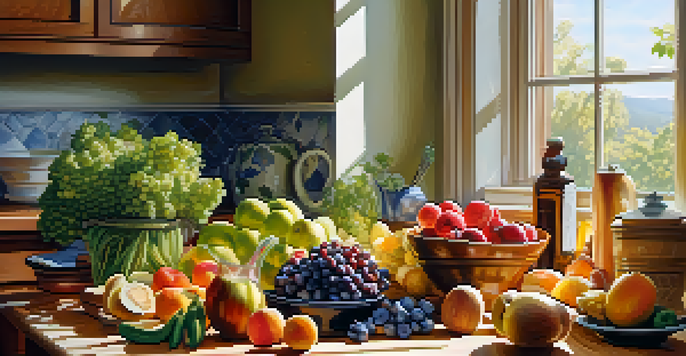 A bright kitchen with a variety of fresh fruits, vegetables, nuts, and seeds on a wooden countertop, illuminated by soft morning light.