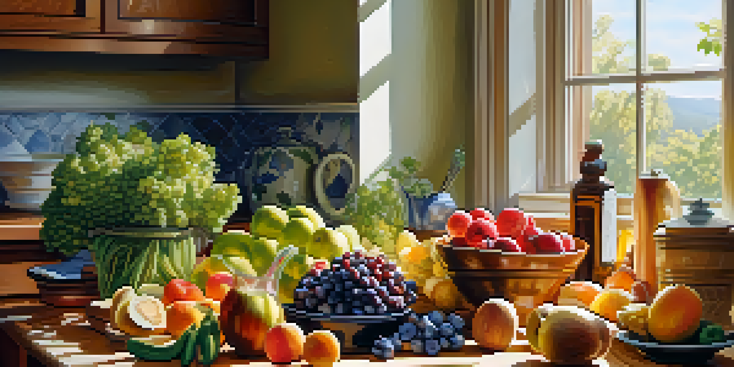 A bright kitchen with a variety of fresh fruits, vegetables, nuts, and seeds on a wooden countertop, illuminated by soft morning light.