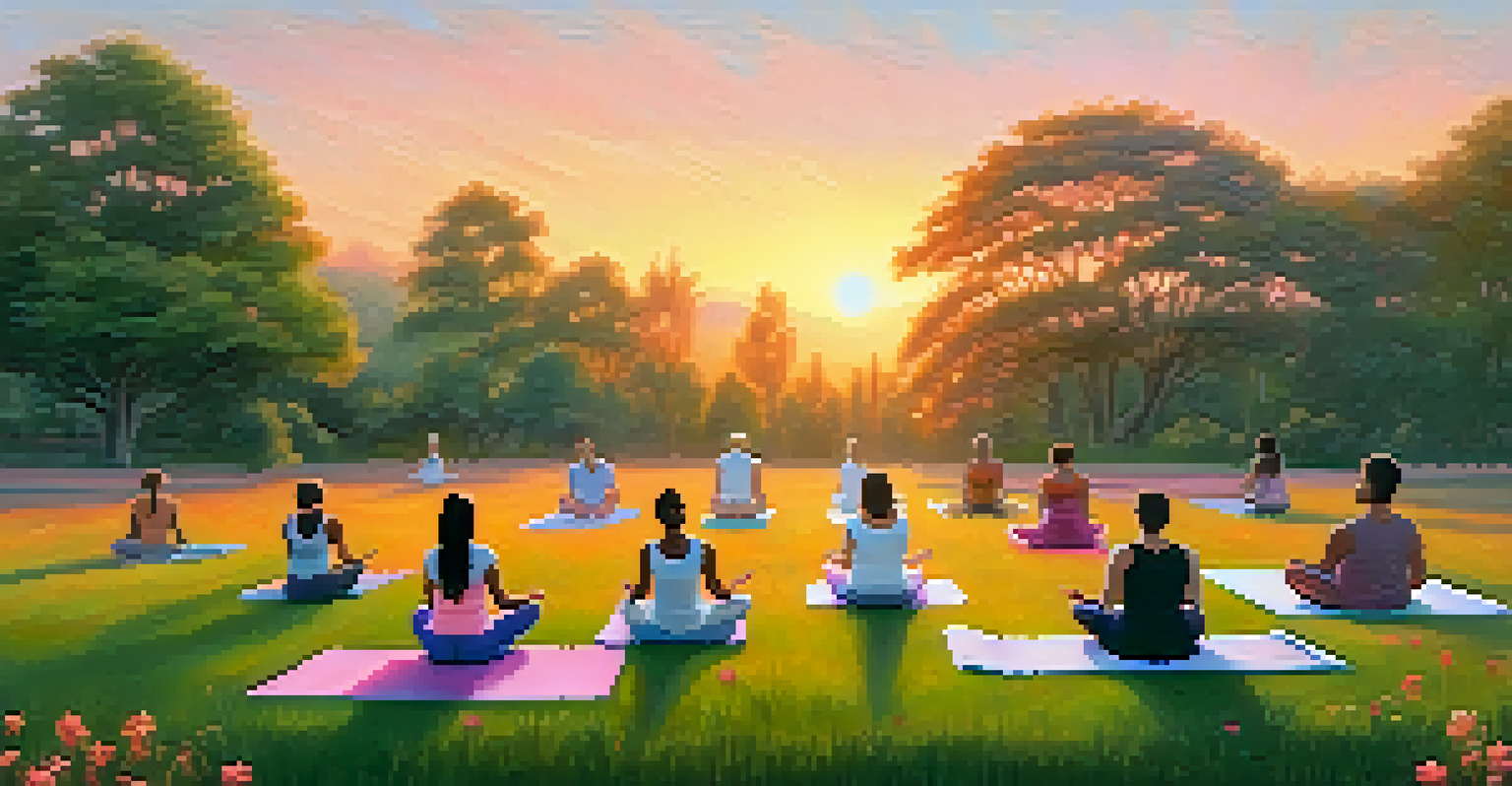 A person practicing yoga on a grassy field at sunrise, surrounded by trees and flowers, with a colorful sky in the background.