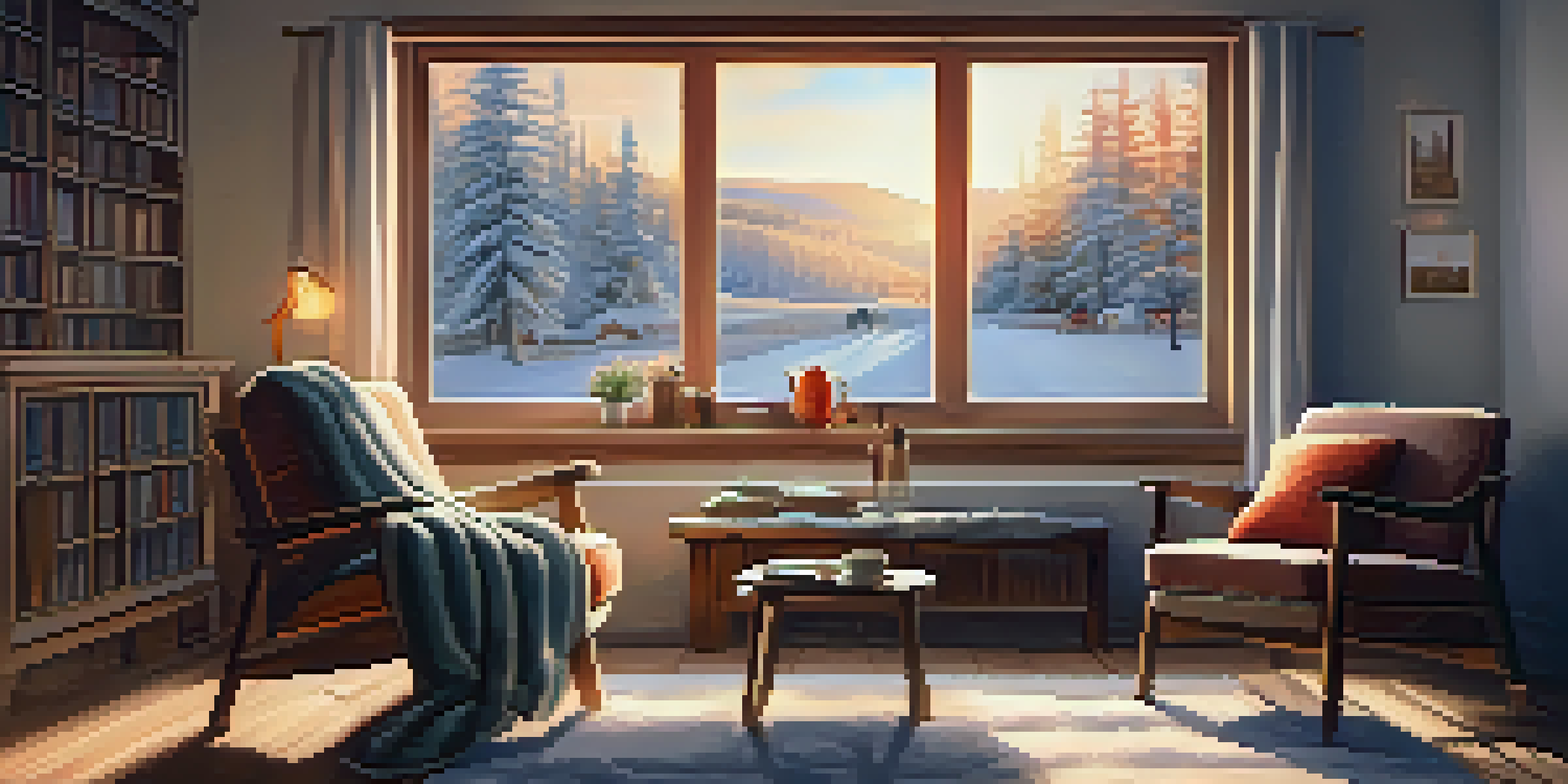 A cozy living room with a light therapy box, a snowy window view, and a person reading in an armchair.