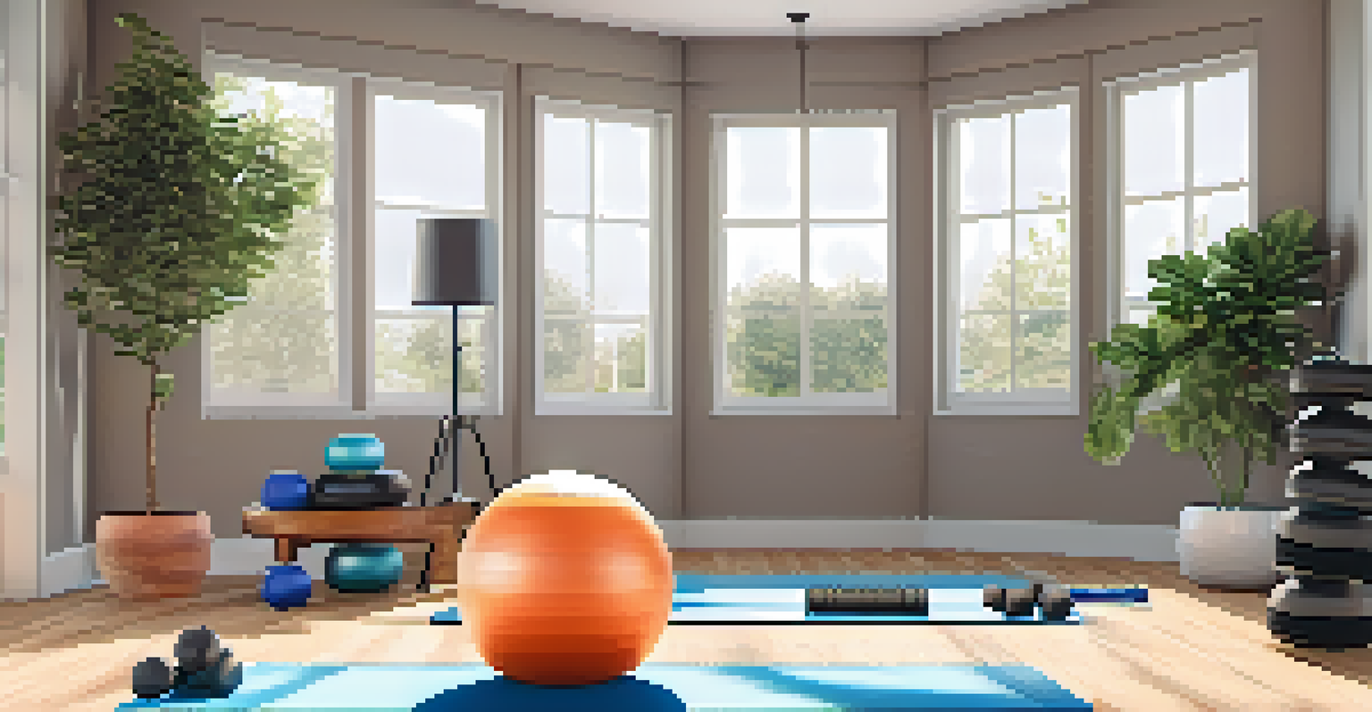 An inviting home gym setup with a yoga mat, hand weights, and a stability ball, illuminated by natural light from large windows.