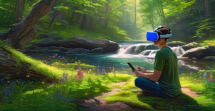 A person meditating in a lush green forest while wearing a virtual reality headset, with sunlight streaming through the trees and a gentle stream nearby.