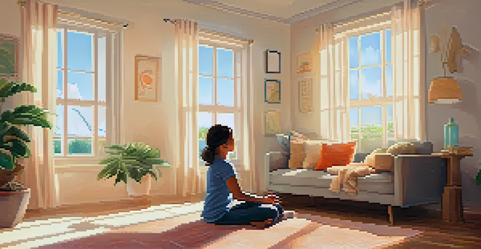 A parent and child practicing deep breathing exercises together in a calm room.