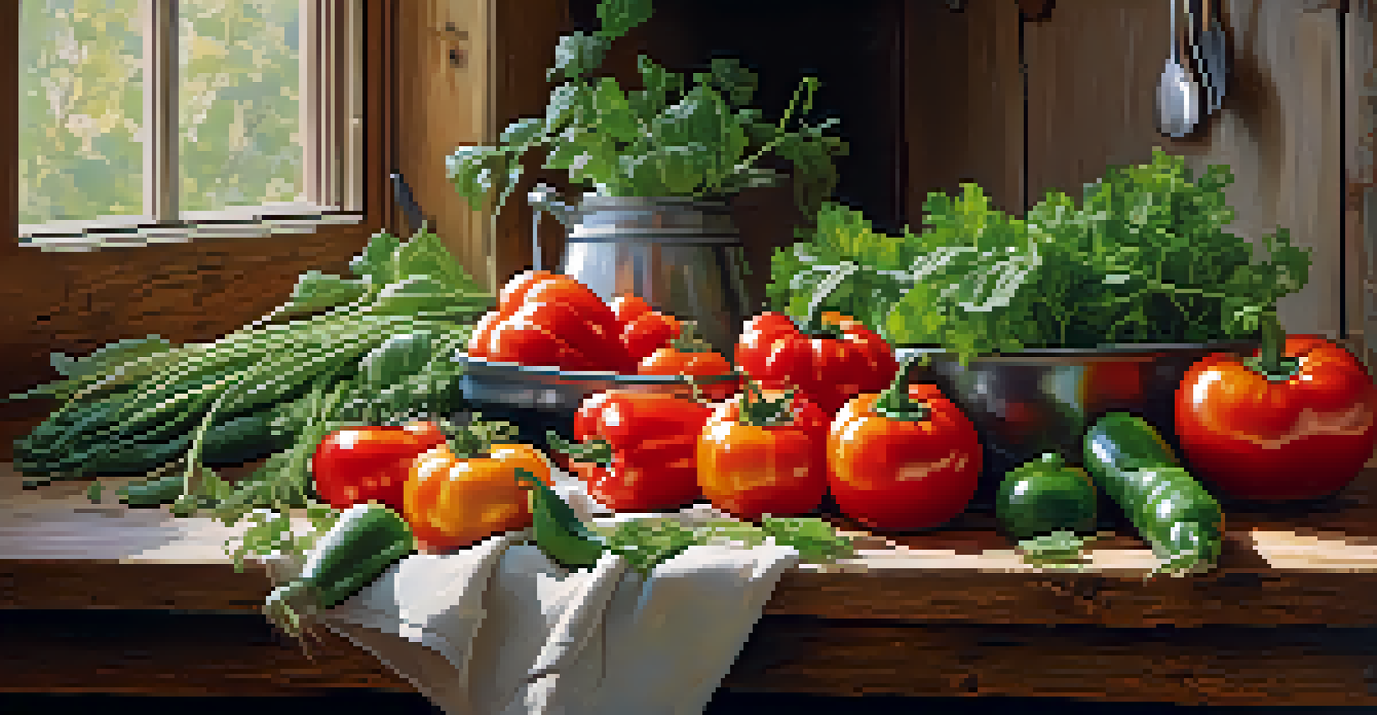 Fresh vegetables and herbs displayed on a wooden table, emphasizing vibrant colors and textures in a natural light setting.