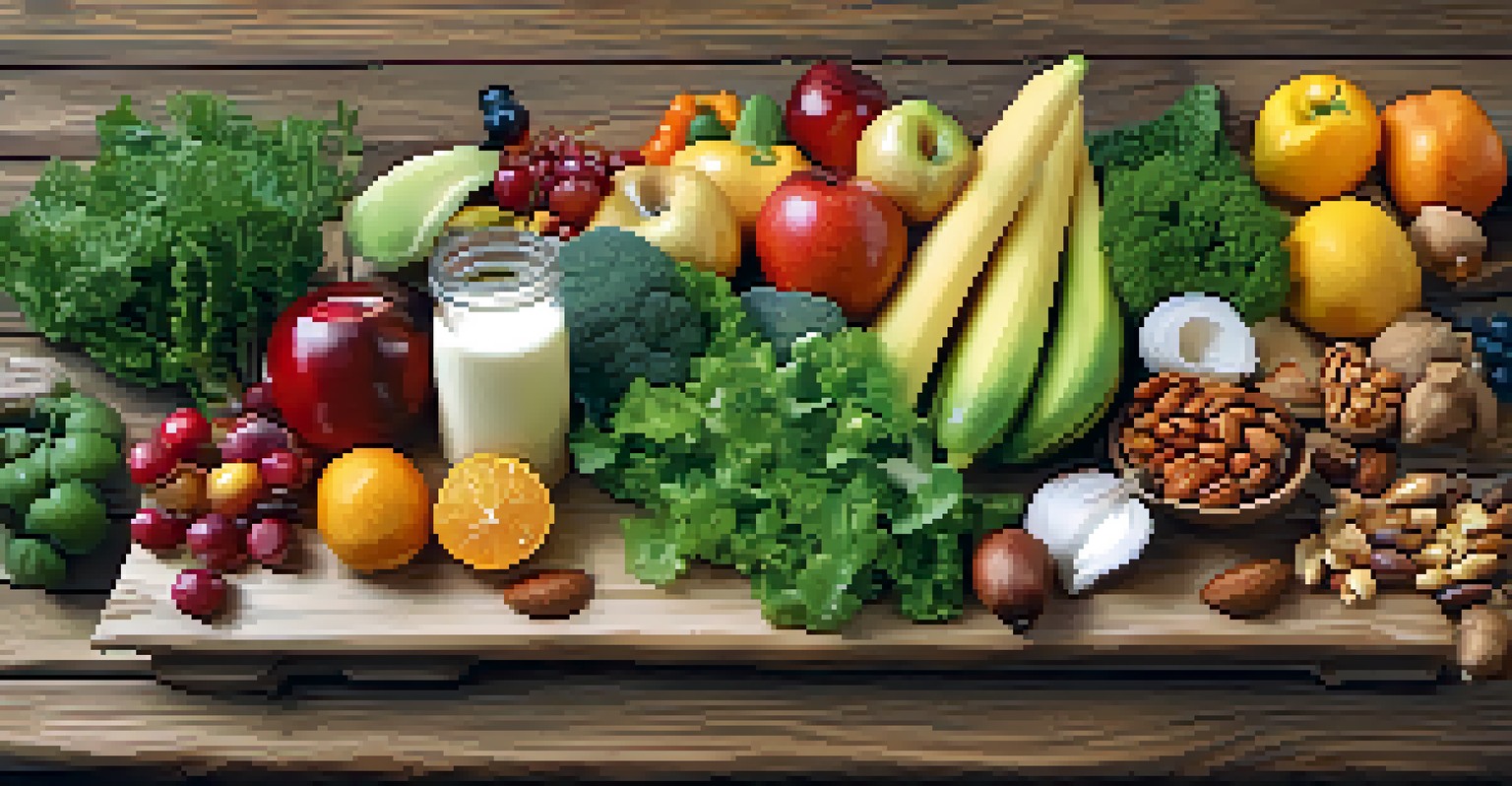 A balanced meal with colorful fruits, vegetables, and nuts on a rustic wooden table.