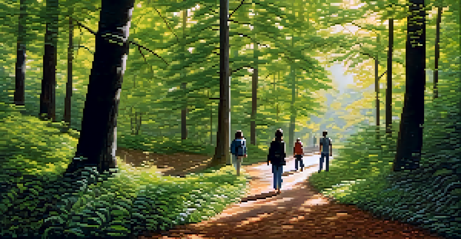 A tranquil forest scene with individuals engaged in a mindful walking meditation, surrounded by trees and soft sunlight.