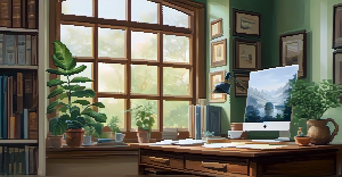 A peaceful home office with a writing desk, journal, and garden view, designed for reflection.