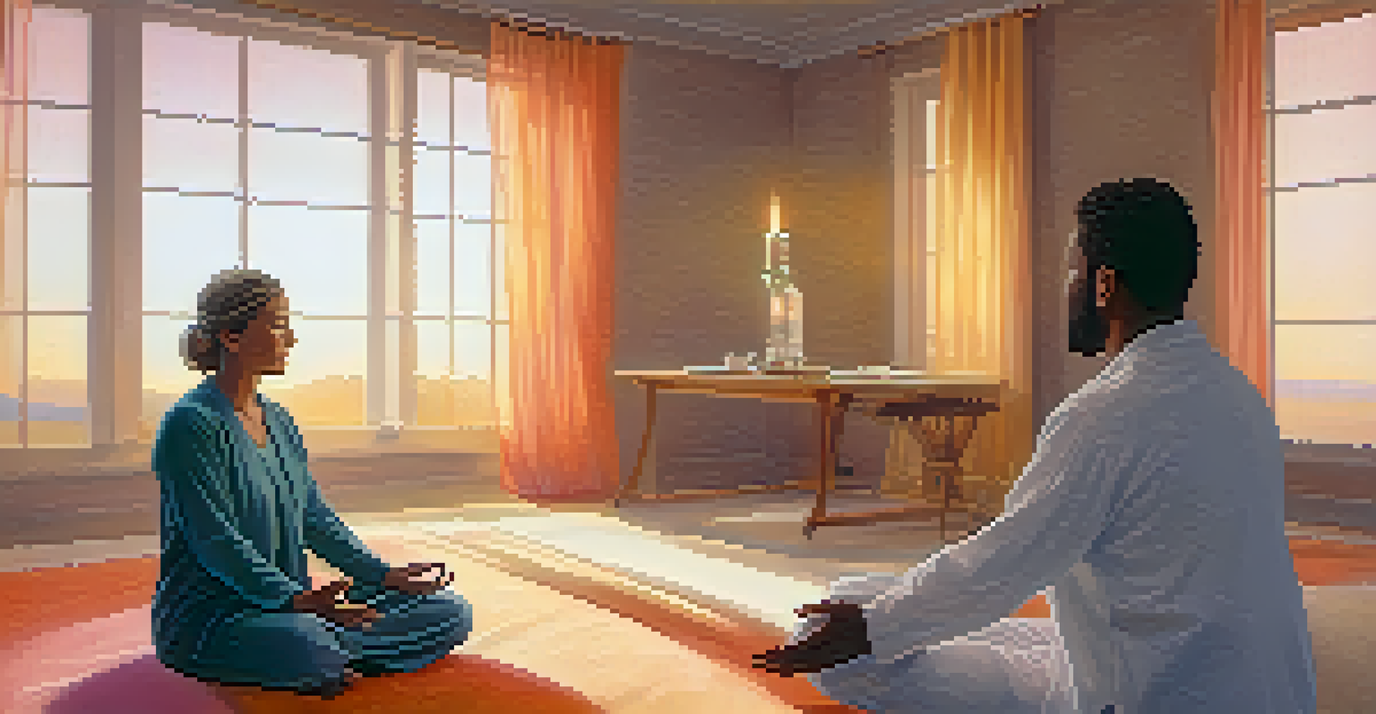 A therapist practicing Biofield Therapy with hands extended towards a meditating patient, surrounded by a glowing energy field.