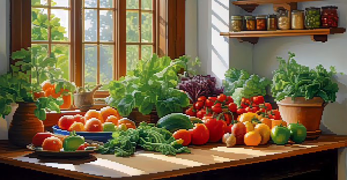 A kitchen with a wooden table filled with fresh fruits and vegetables under soft natural light.