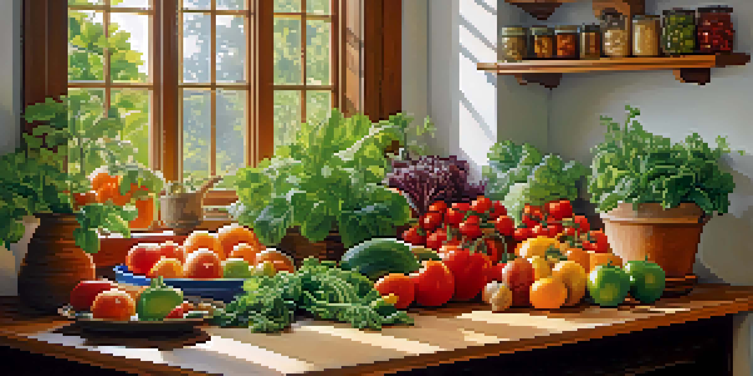 A kitchen with a wooden table filled with fresh fruits and vegetables under soft natural light.