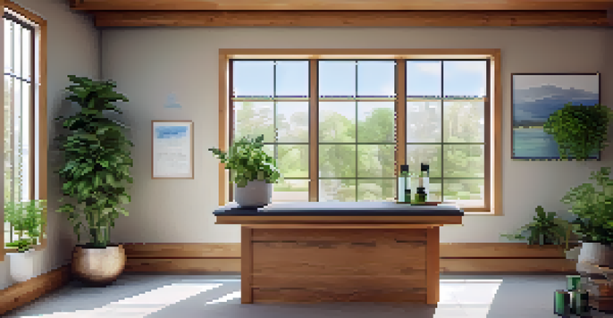 An inviting naturopathic clinic interior with natural light, herbs, and plants.