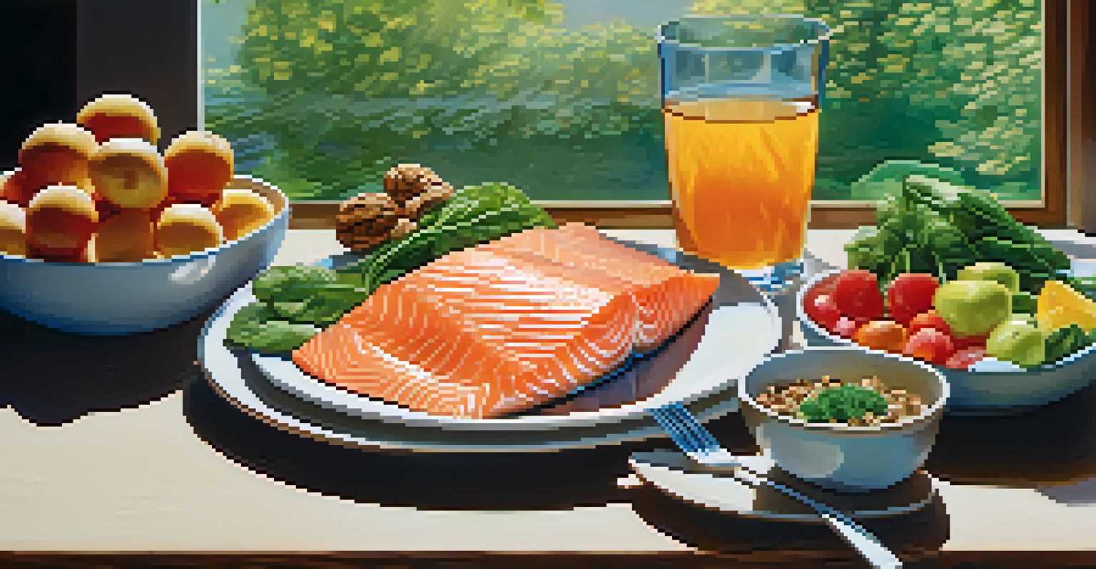 A healthy meal on a wooden table, showcasing salmon, spinach, and walnuts under natural light.