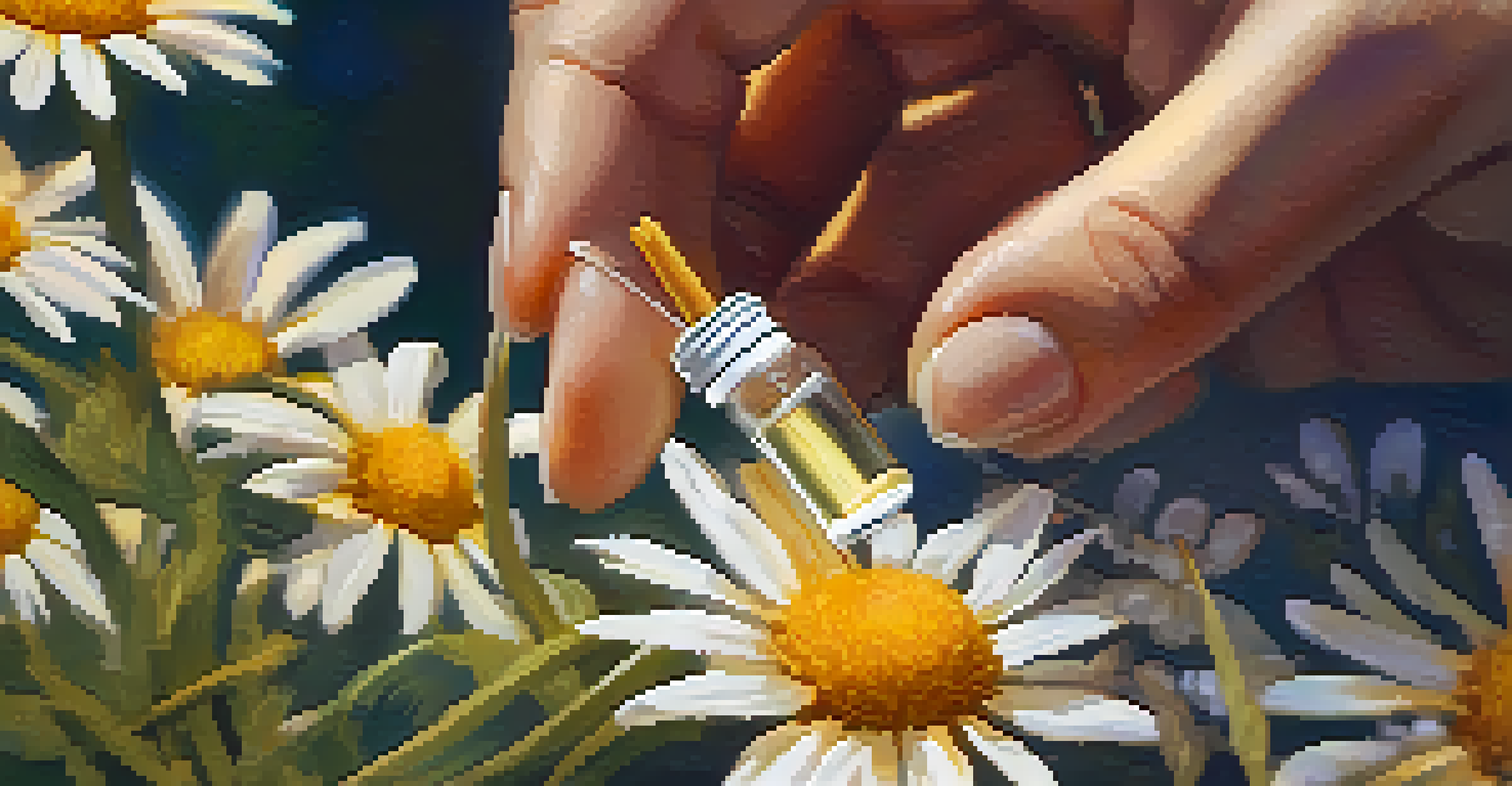 A close-up of a hand holding a glass vial of Arnica Montana remedy, with fresh arnica flowers in a softly blurred background.