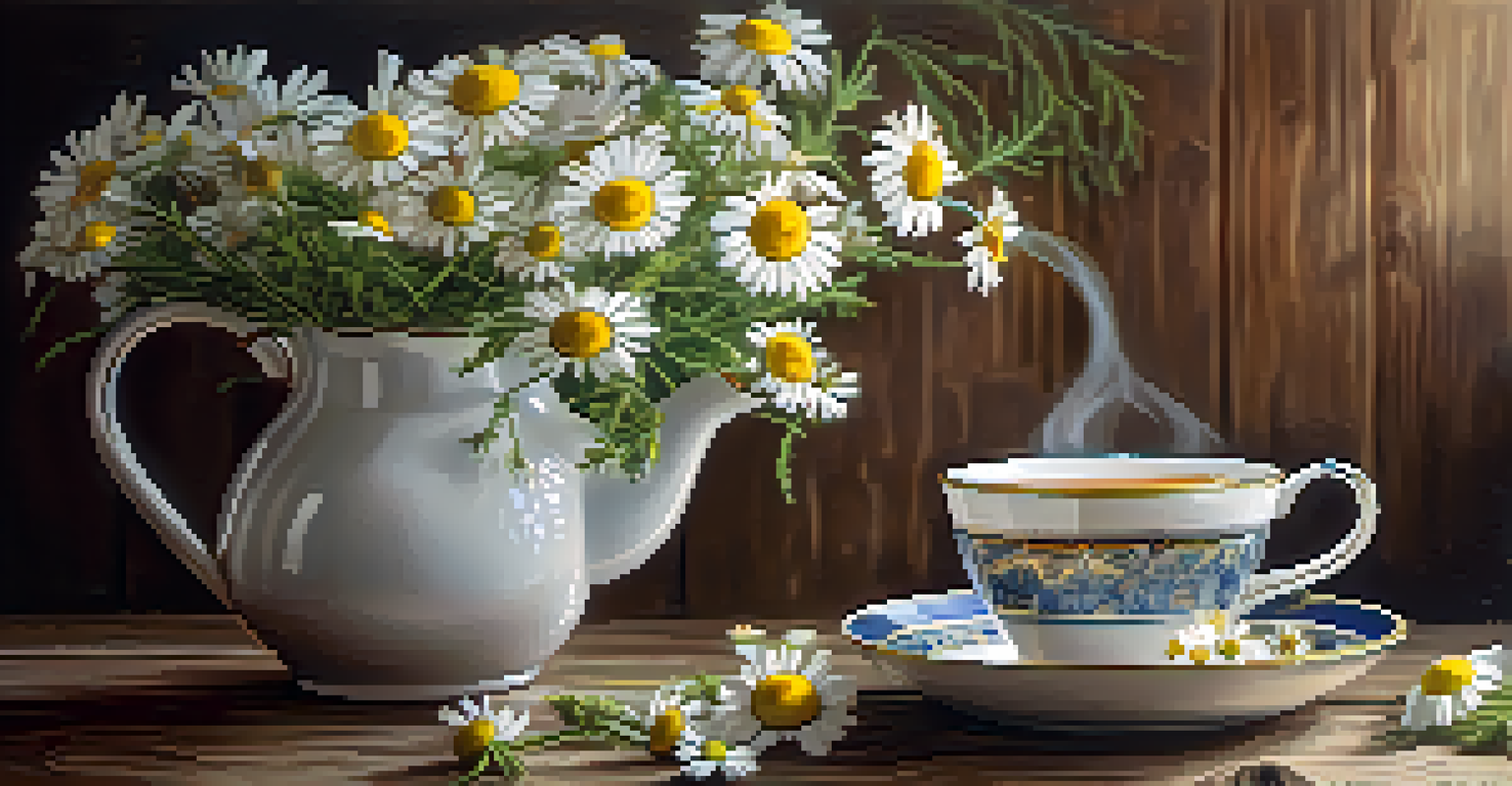 A cup of chamomile tea on a wooden table with fresh chamomile flowers and a teapot, bathed in soft natural light.