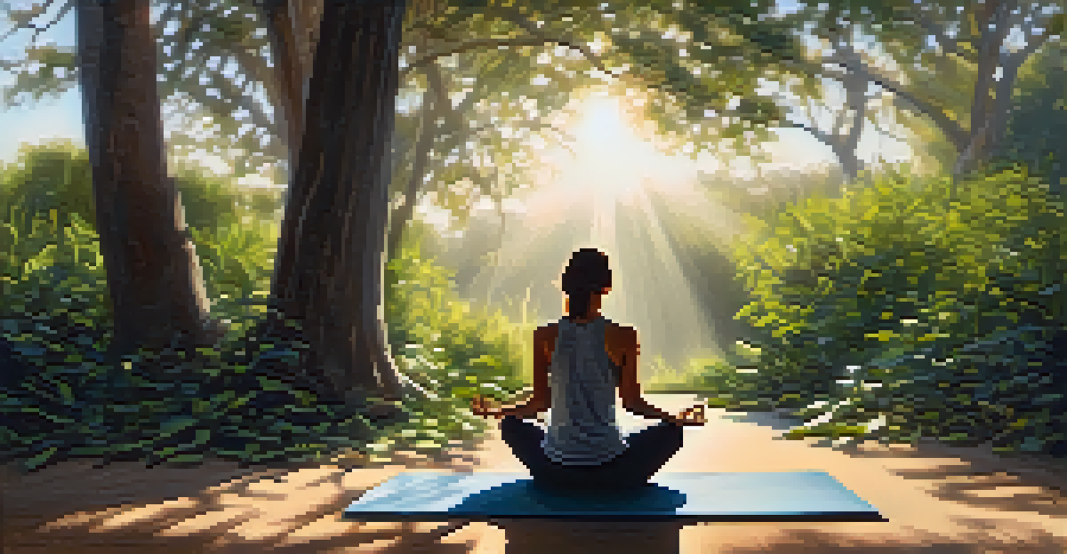 A person sitting cross-legged on a yoga mat outdoors, with eucalyptus essential oil beside them, surrounded by sunlight and trees.