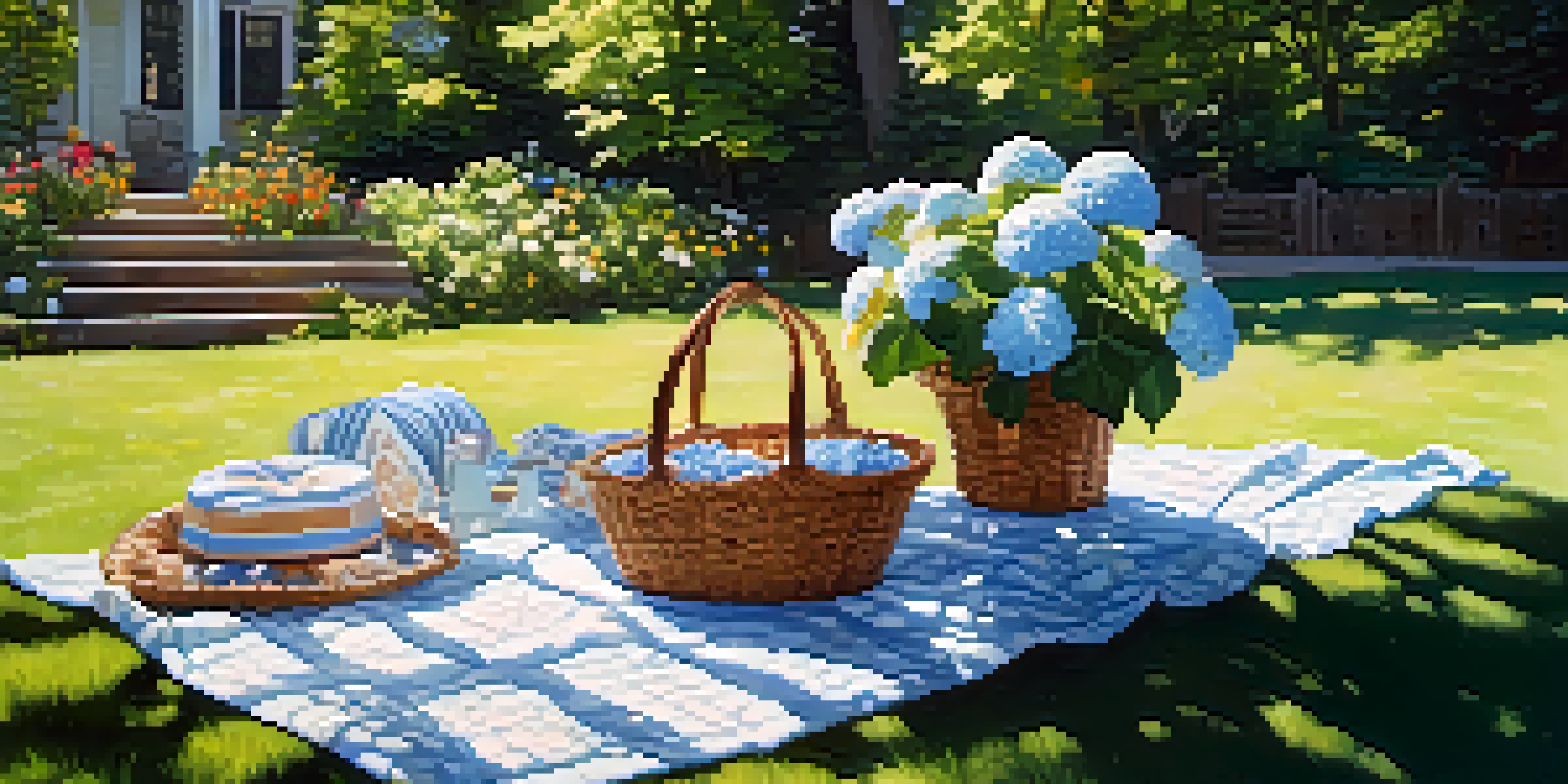 A peaceful summer garden with bright flowers and a picnic setup under a clear blue sky.