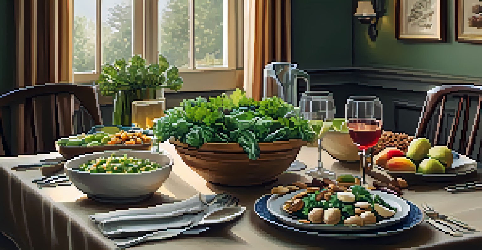 A dining table beautifully arranged with whole foods like leafy greens, nuts, and fruits, creating a warm atmosphere.
