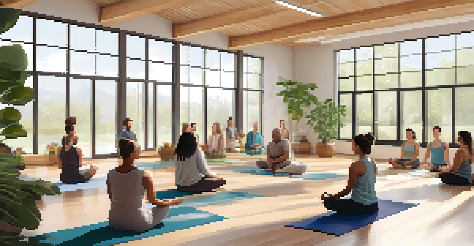 A wellness workshop in a community center where people are practicing mindfulness and meditation on yoga mats.