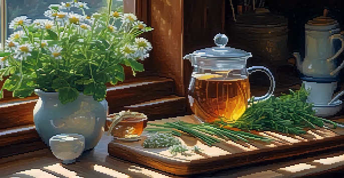 A bright kitchen with fresh herbs on a cutting board and a cup of herbal tea, illuminated by sunlight.