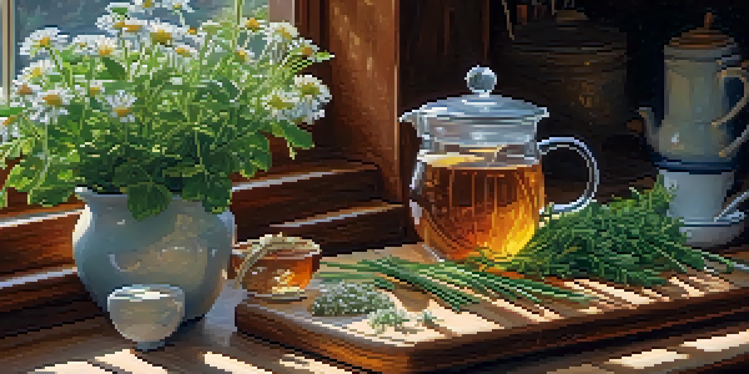 A bright kitchen with fresh herbs on a cutting board and a cup of herbal tea, illuminated by sunlight.