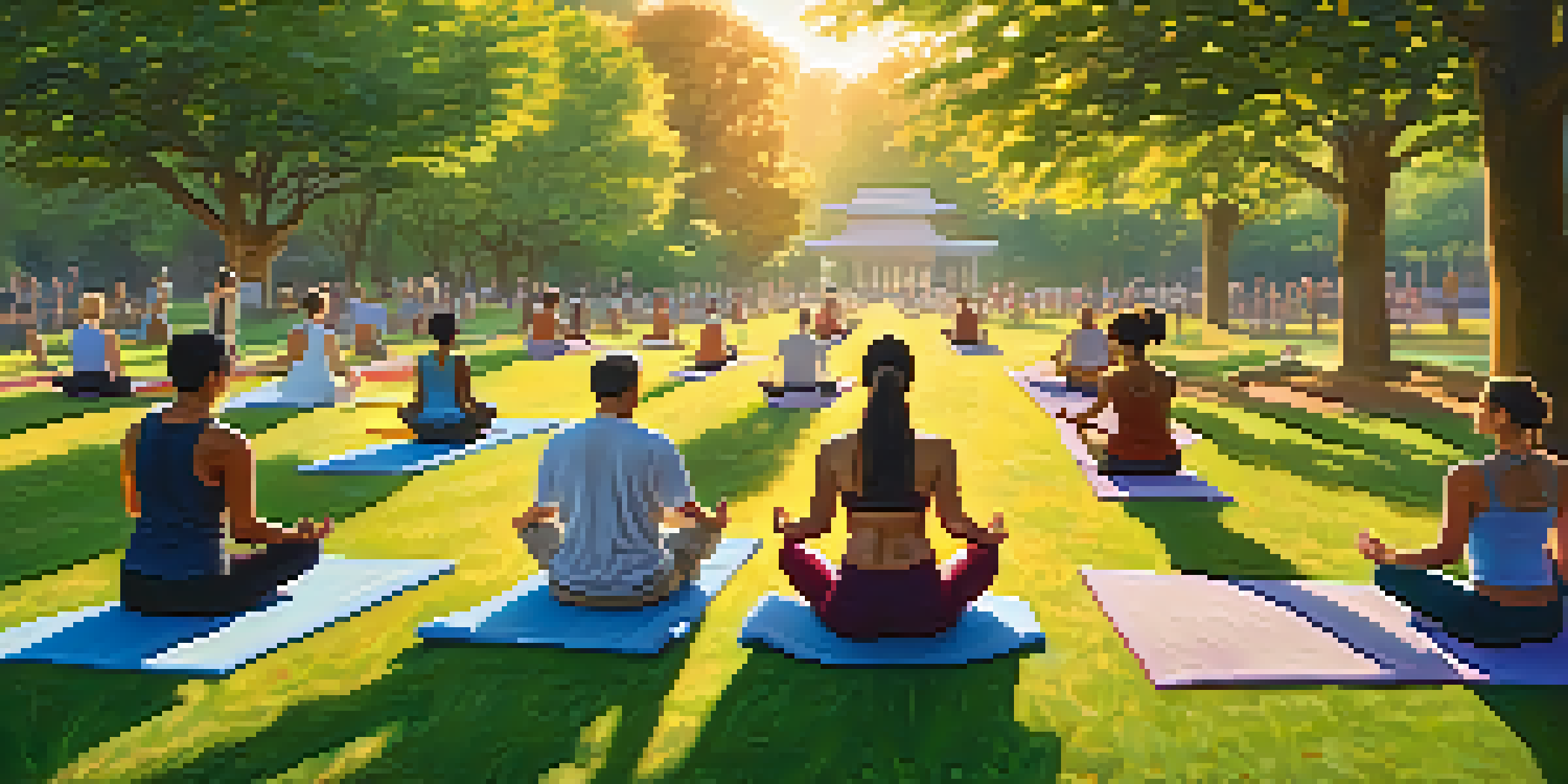 A diverse group of people practicing yoga in a park at sunrise, surrounded by greenery and colorful flowers.