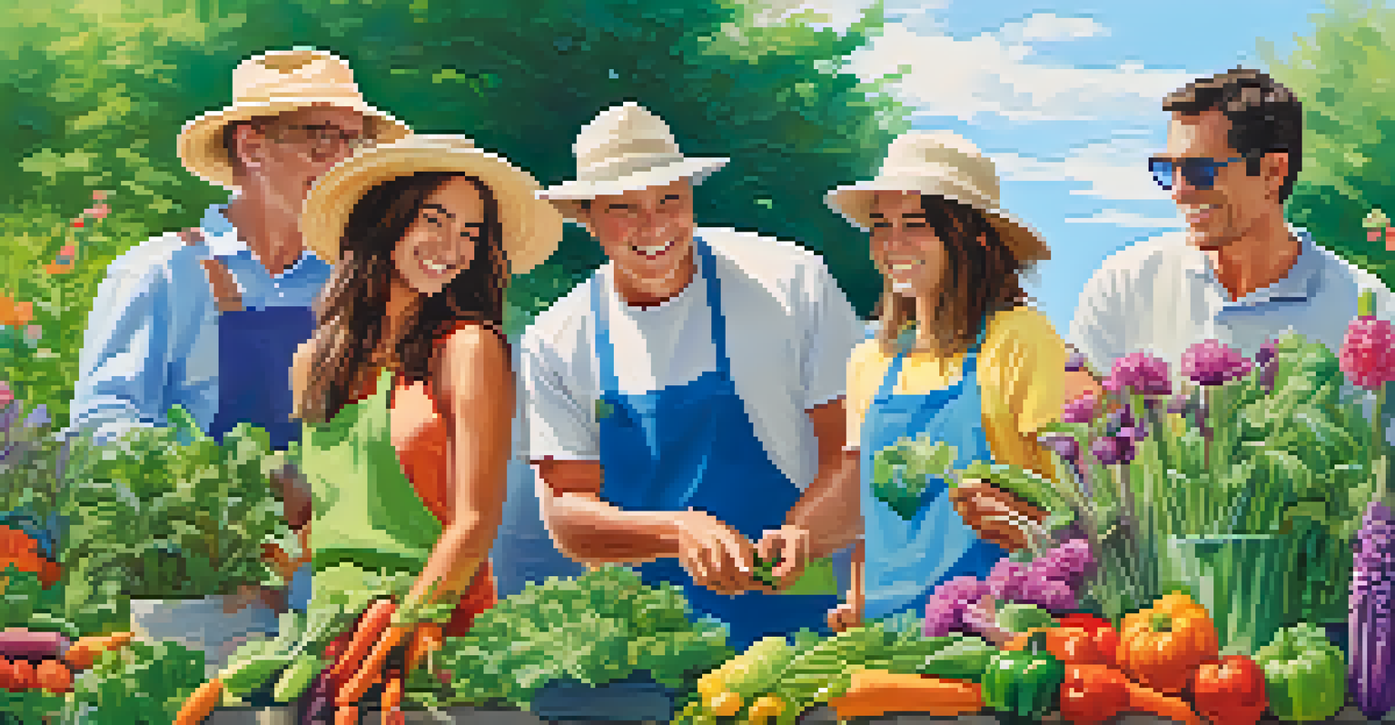 A group of people happily gardening together in a colorful community garden, surrounded by plants and flowers.