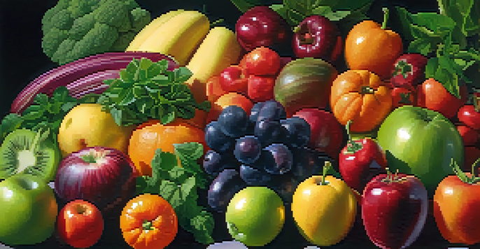A colorful arrangement of fresh fruits and vegetables in a circular pattern under soft natural light.