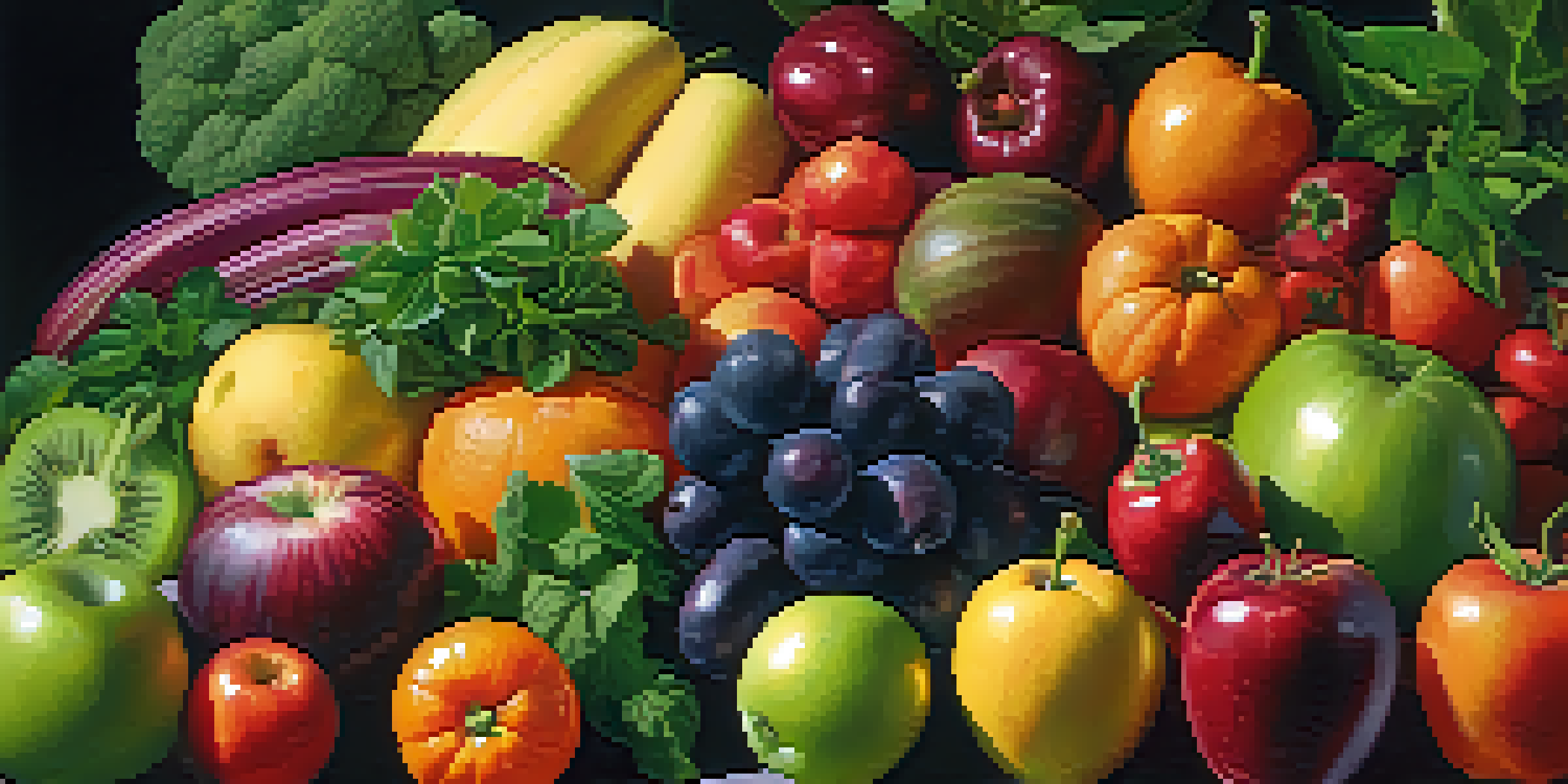 A colorful arrangement of fresh fruits and vegetables in a circular pattern under soft natural light.