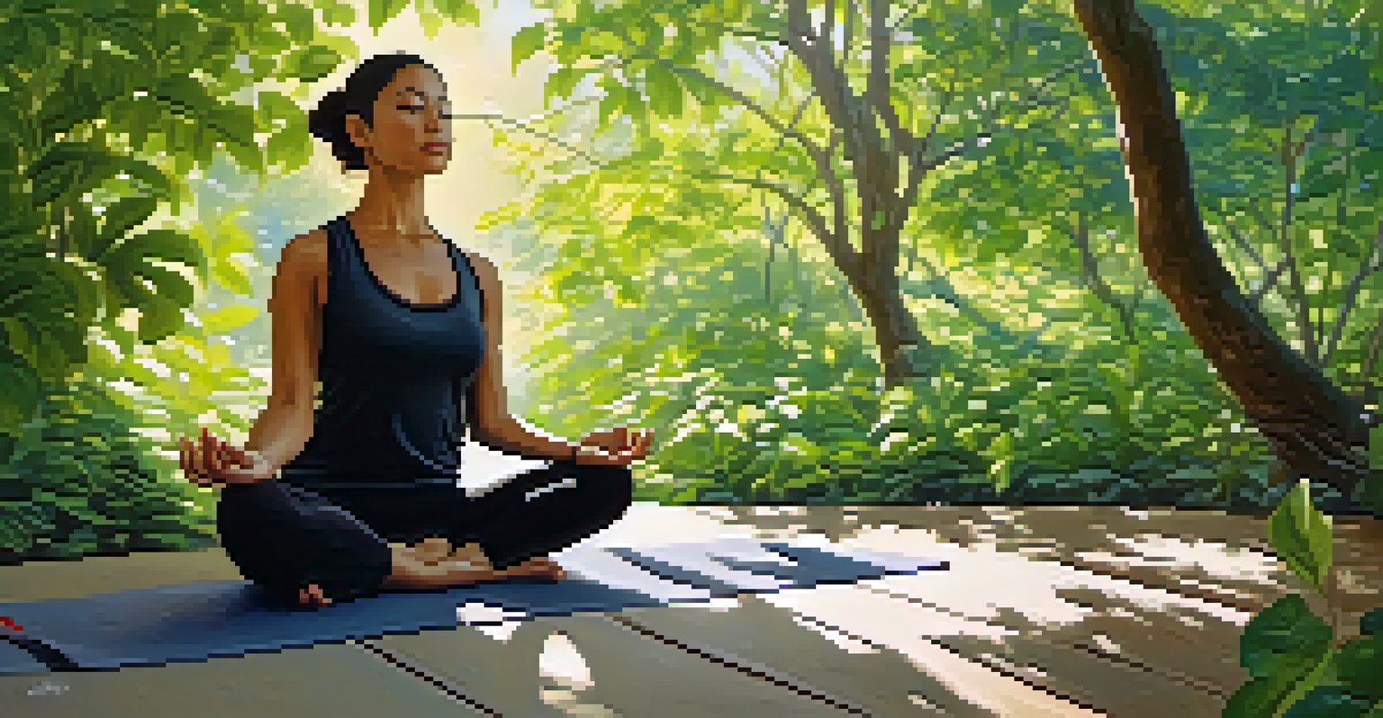A person practicing yoga outdoors in a lush green setting, surrounded by trees and soft sunlight, evoking a sense of calm.