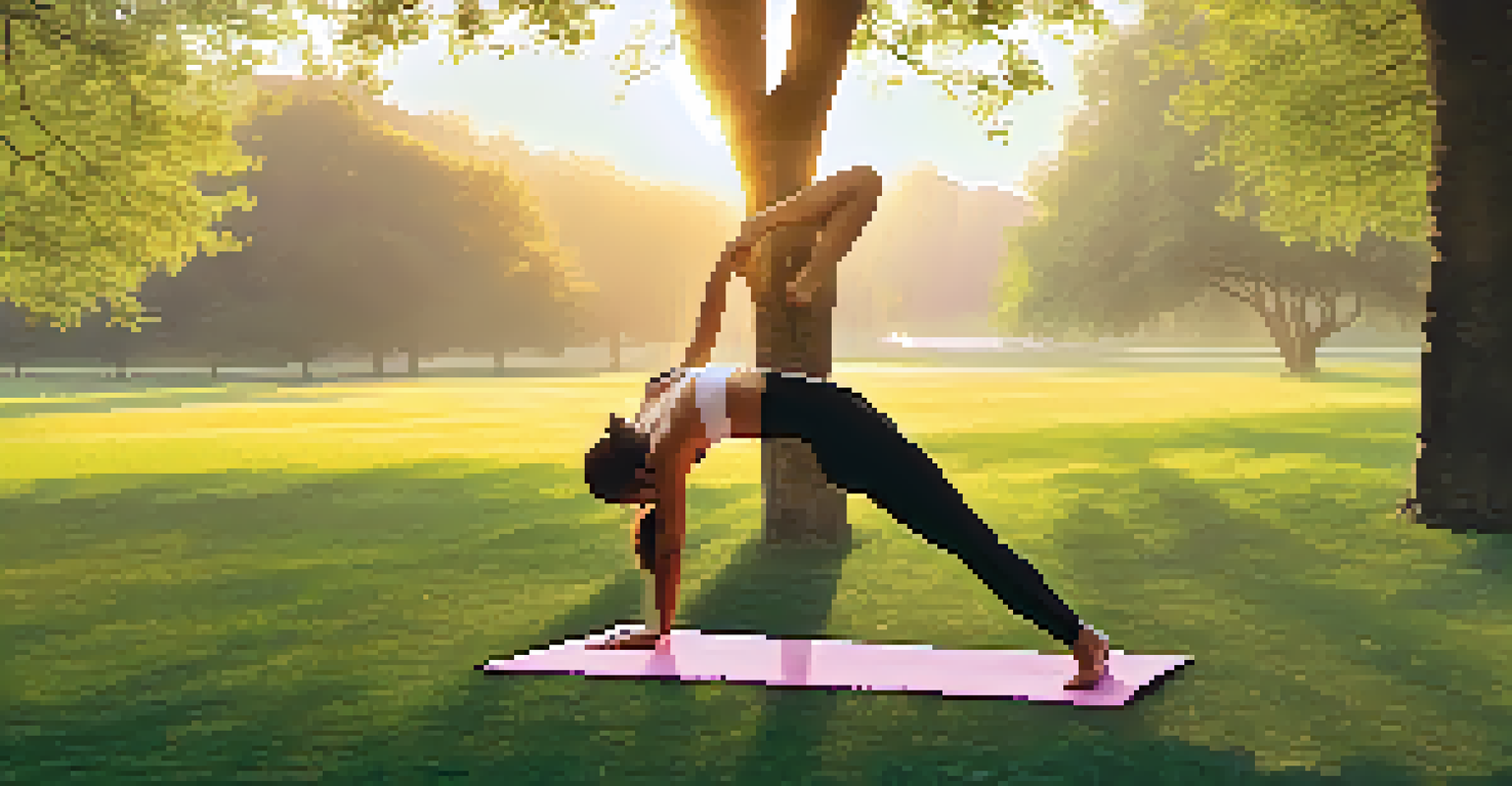 A person doing yoga in a green park at sunrise, surrounded by trees and flowers, highlighting a peaceful and holistic lifestyle.
