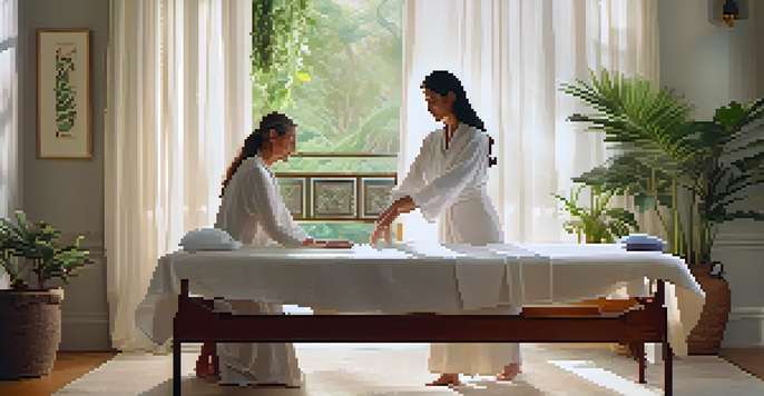 A serene Reiki healing session with a practitioner gently placing her hands above a client's body in a calming room filled with light and plants.