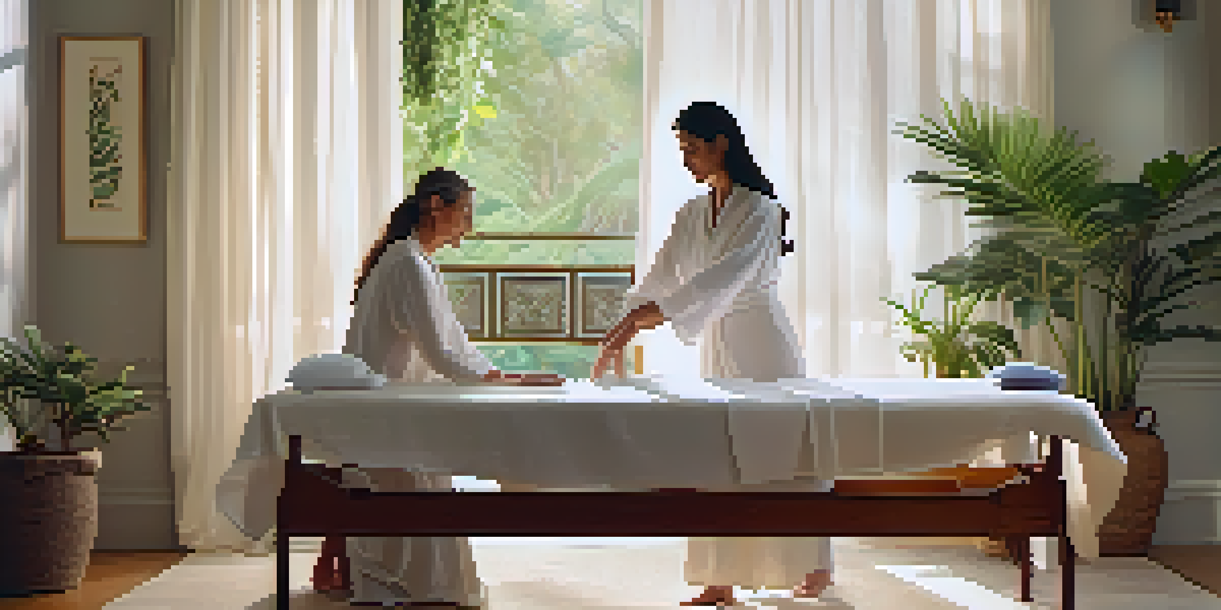 A serene Reiki healing session with a practitioner gently placing her hands above a client's body in a calming room filled with light and plants.