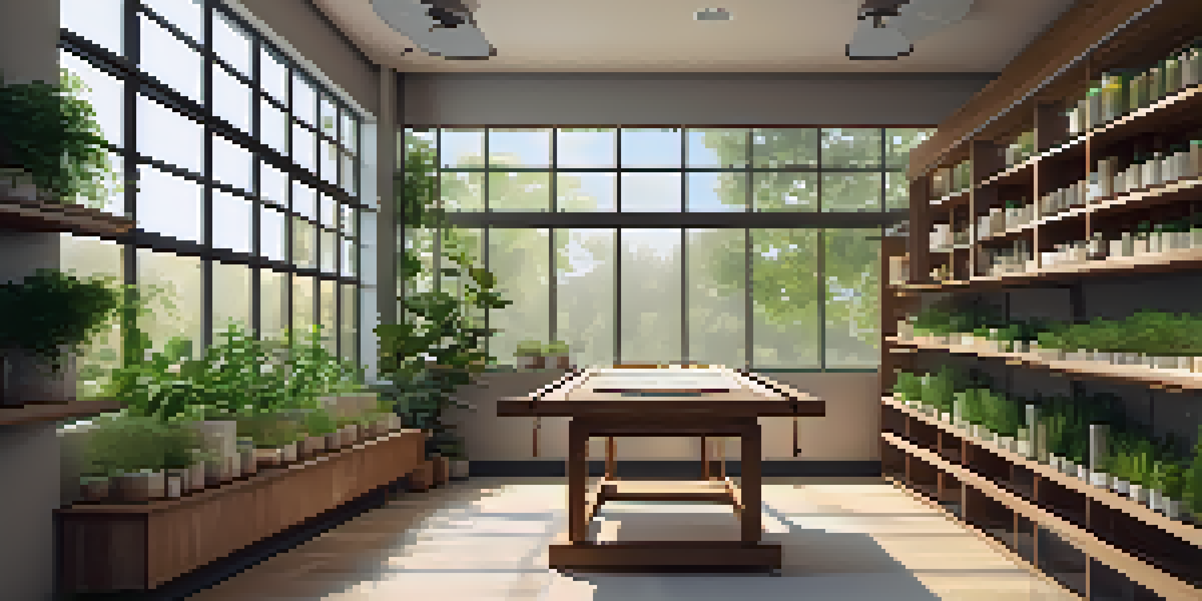 A tranquil naturopathic clinic with a treatment table, herbal shelves, and natural light.