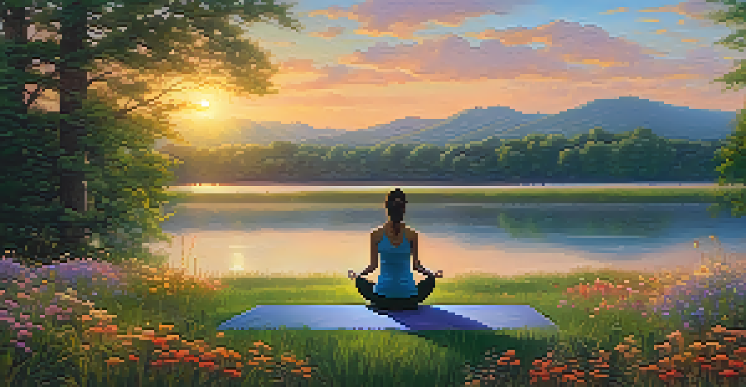 A woman doing yoga in a peaceful outdoor setting at sunset, surrounded by flowers and a lake.