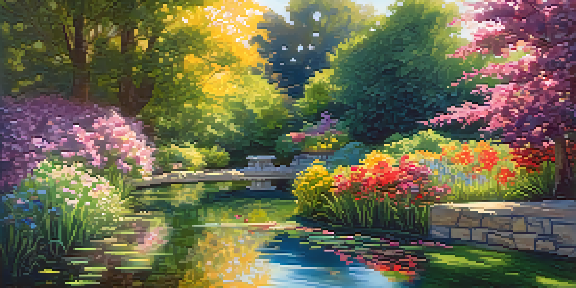 A peaceful garden with flowers and a pond, featuring a person meditating under the soft sunlight.