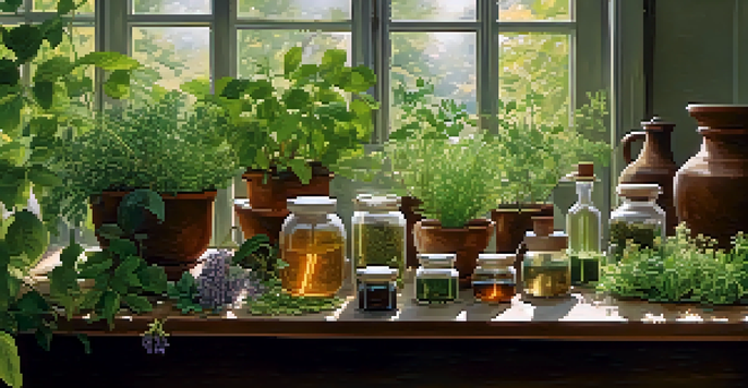 A peaceful garden filled with herbs and plants, with sunlight filtering through the leaves and jars of herbal remedies on a wooden table.