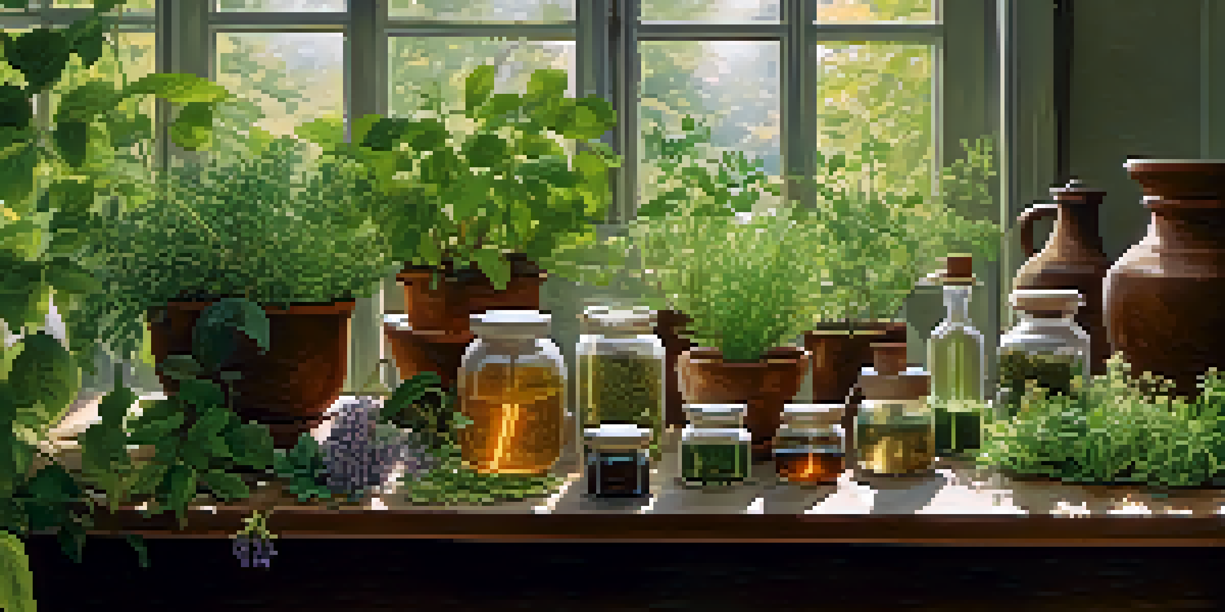 A peaceful garden filled with herbs and plants, with sunlight filtering through the leaves and jars of herbal remedies on a wooden table.