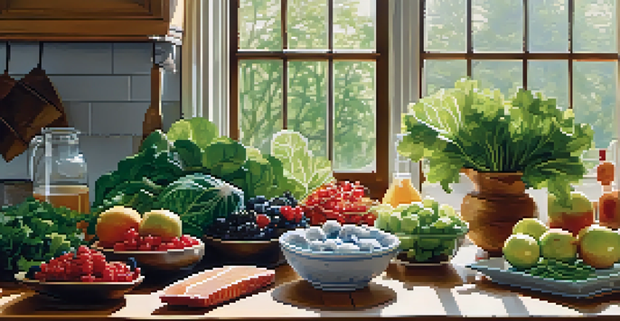 A bright kitchen with a variety of fresh foods like greens and berries on a wooden countertop, illuminated by natural light.