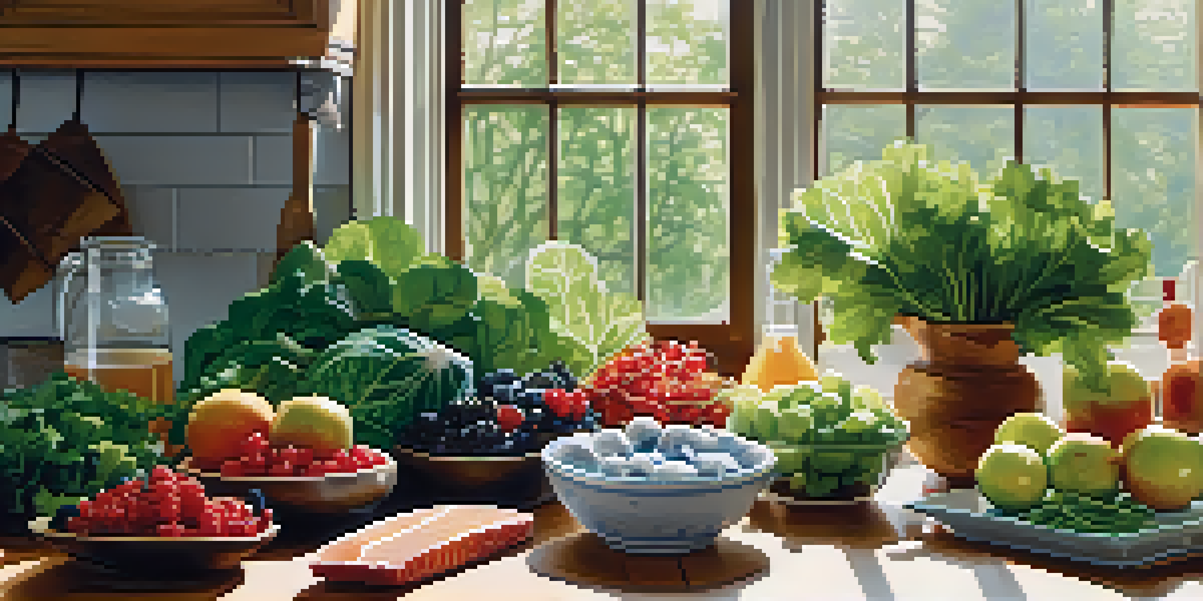 A bright kitchen with a variety of fresh foods like greens and berries on a wooden countertop, illuminated by natural light.