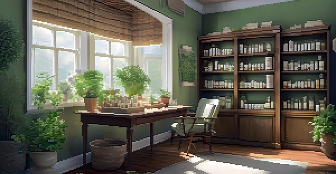 A bright and inviting homeopathic consultation room with a table of remedies and fresh herbs, designed to evoke tranquility and healing.