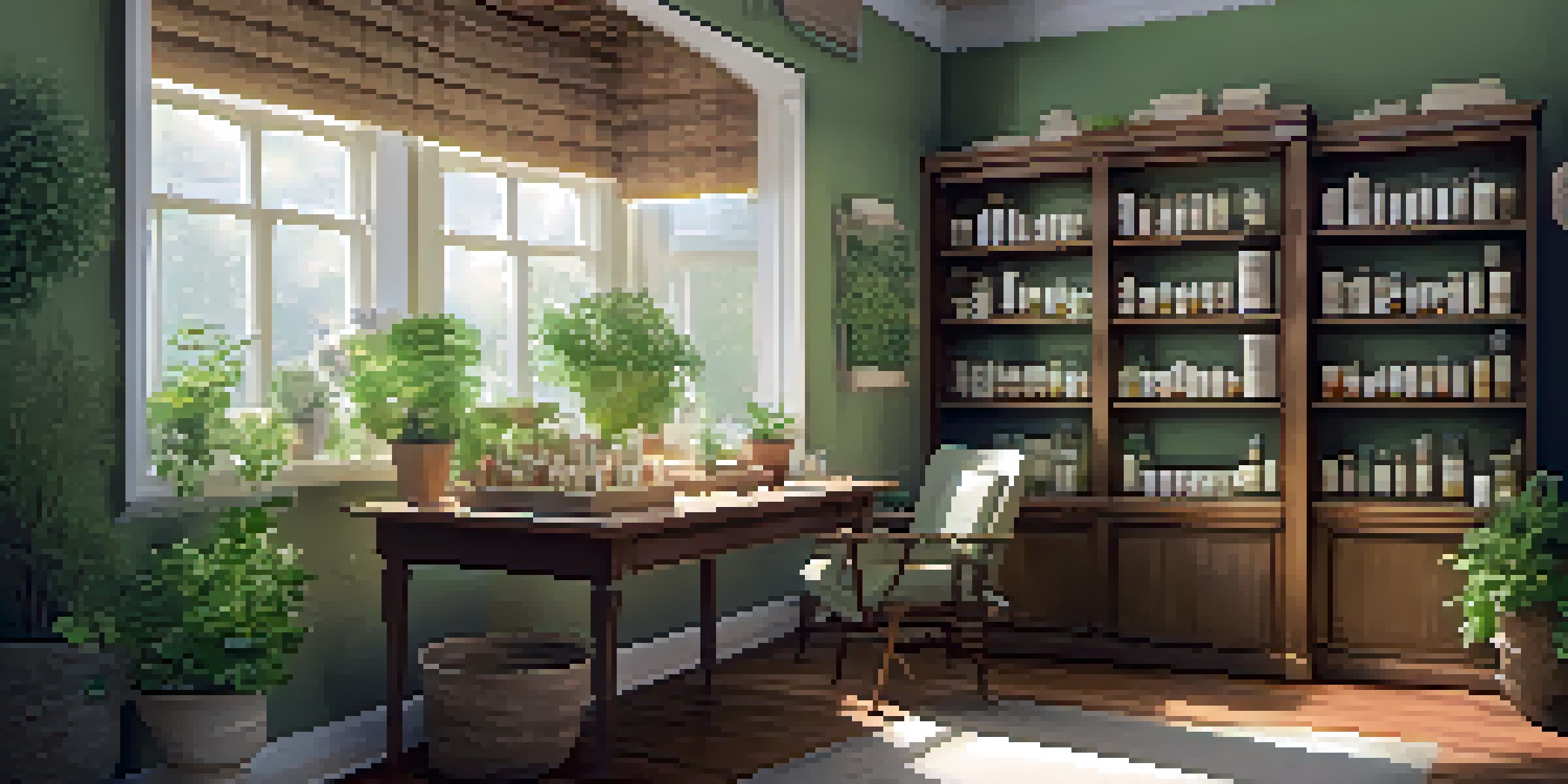 A bright and inviting homeopathic consultation room with a table of remedies and fresh herbs, designed to evoke tranquility and healing.