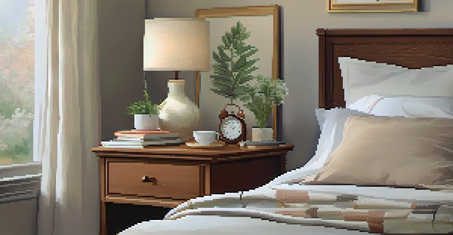 A cozy bedroom with a soft bed, herbal tea, and a journal on the bedside table.