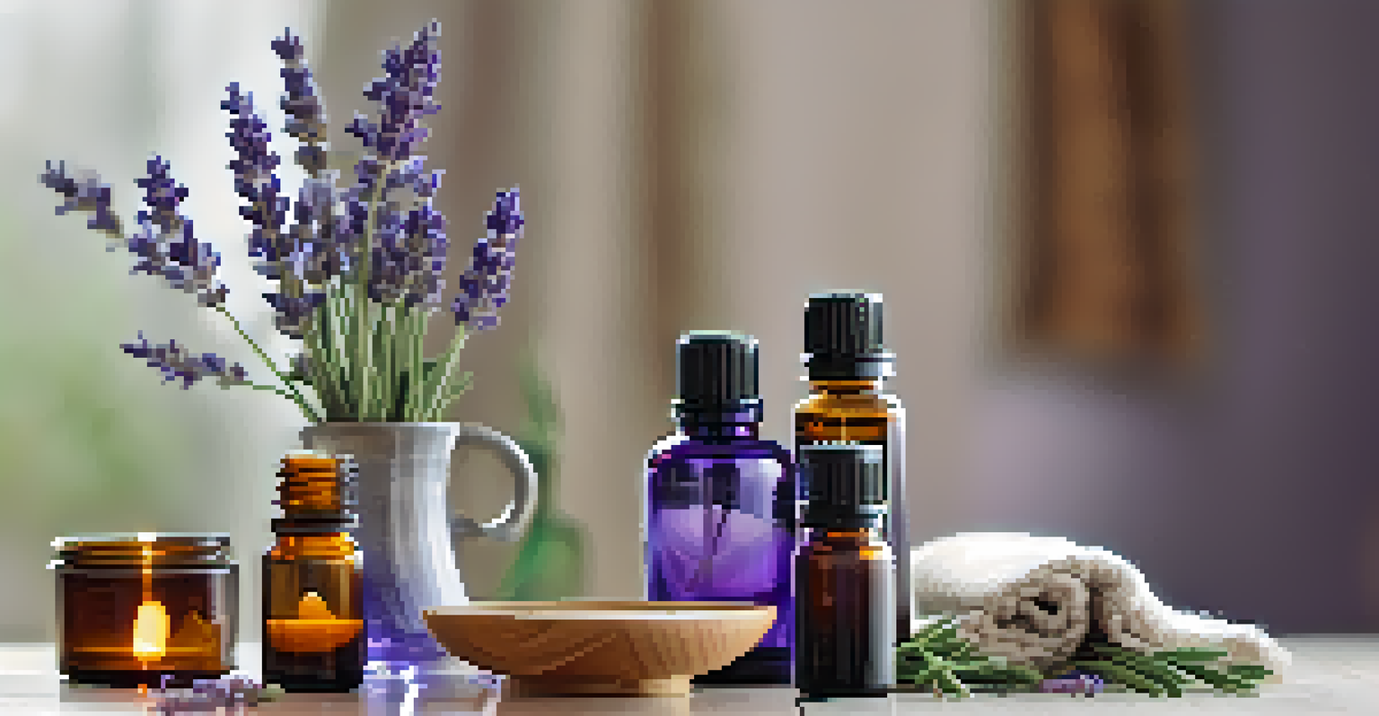 An essential oil diffuser with mist, surrounded by lavender sprigs and essential oil bottles, creating a calming atmosphere.