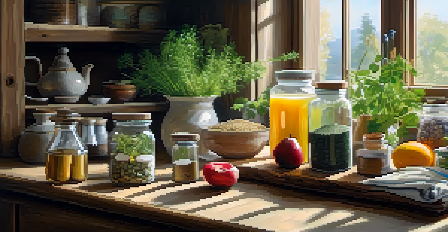 A rustic kitchen table featuring probiotic supplements alongside fresh herbs and fruits, illuminated by natural light from a window.