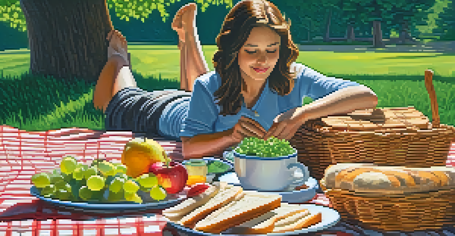A serene picnic setup on grass with wholesome foods and a person reflecting in a natural setting.