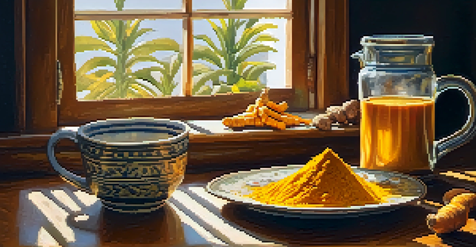 A kitchen with a wooden table displaying fresh turmeric roots, ground turmeric, and a cup of turmeric tea, illuminated by warm sunlight.