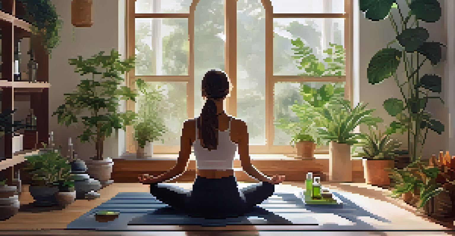 A peaceful yoga practice area with a person on a mat and various plants and essential oils around.