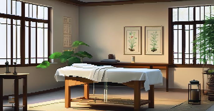 A peaceful acupuncture treatment room with soft natural light, a treatment table, acupuncture needles, and herbal remedy jars.
